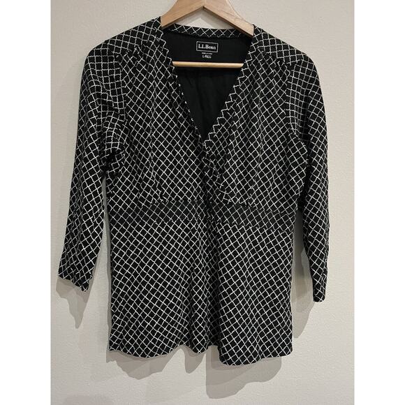 L. L. Bean Black White Pattern Womens Large V Neck 3/4 Sleeves Tencell Spandex - Picture 1 of 7